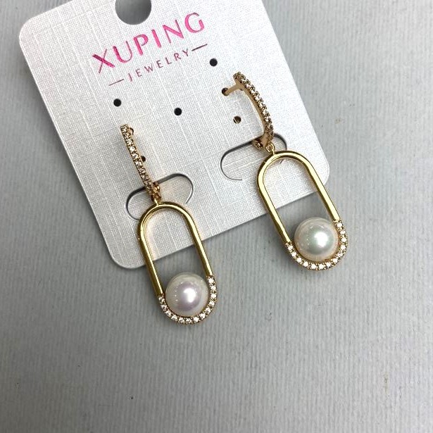 עגילי Xuping עם קריסטלים לבנים ופנינה ממאיורקה, קוטר 8 מ"מ ±, אורך 40 מ"מ ±, זהב מצופה 18K