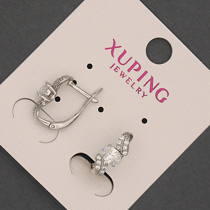 עגילי Xuping עם זרקונים לבנים וקריסטל, קוטר 6×14 מ״מ, ציפוי רודיום
