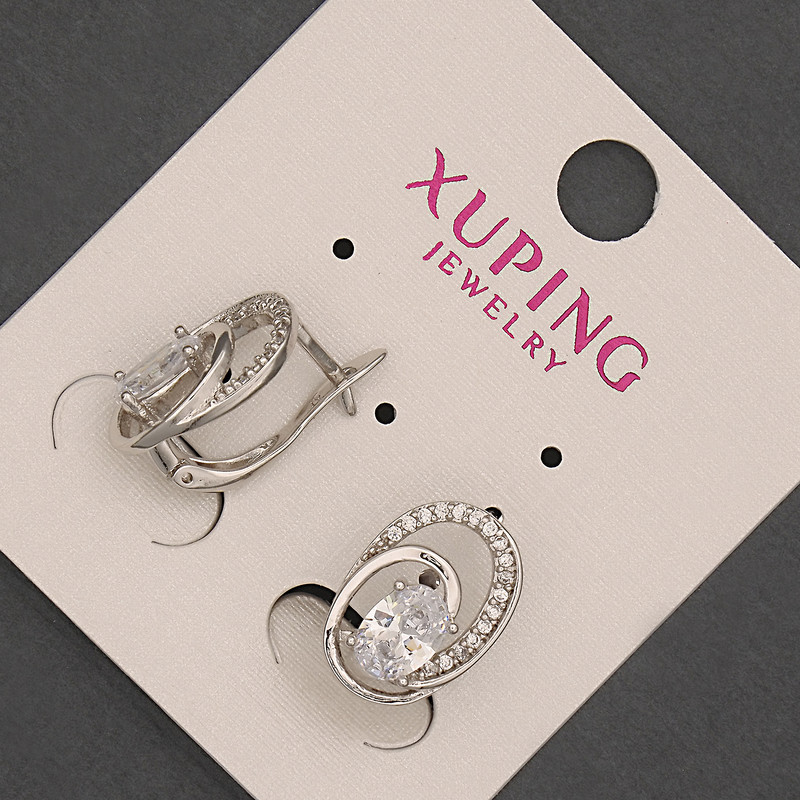 עגילים Xuping עם אבני זרקון לבנות וקריסטל, קוטר 11×15 מ״מ ± רודיום