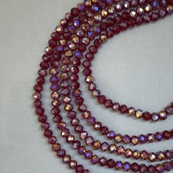 חרוזי קריסטל צ'כי על חוט דק אדומים שקופים עם ציפוי בנזין – רונדל מחורץ, קוטר 8×6 מ״מ, אורך כ-40 ס״מ