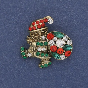 סיכת חג המולד 'סנטה' עם קריסטלים ומתכת זהובה 28×26 מ״מ +