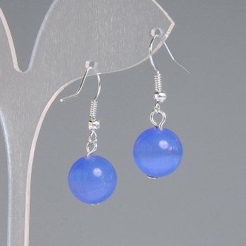 עגילים כחולים עם אבן עין החתול כחולה, כדור חלק, קוטר 12 מ״מ, אורך 30 מ״מ, מתכת כסופה