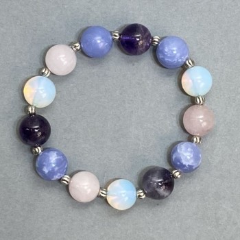 צמיד מגוון (אופאלייט, אגאט וקוורץ ורוד) חרוז, קוטר 12 מ"מ ± עם הוספות מתכת, אורך 18 ס"מ ± סטרץ'