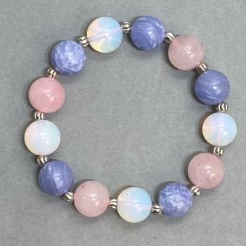 צמיד אסורטי (אופאליט, אגט וקווארץ ורוד) חרוז, קוטר 12 מ״מ ±, אורך 18 ס״מ ±, על בסיס אלסטי