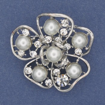 סיכה בצורת פרח עם פנינים מאיורקה, זרקונים לבנים, מתכת כסופה, 40 מ״מ+