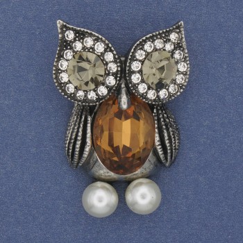 סיכת ינשוף עם קריסטל צהוב וזירקונים לבנים, מתכת כסופה, קוטר 42×29 מ״מ+