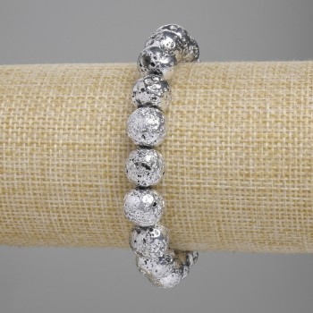 צמיד לבה בציפוי כסף מתכתי, חרוזי לבה טבעיים בעלי חללים 10,5 מ״מ, אורך 18 ס״מ+- אלסטי