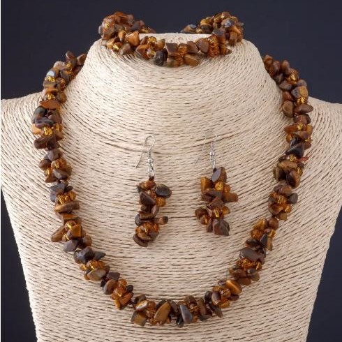 סט תלת-פריטי: עין הטייגר אבן טבעית «שברי אבן» שרשרת, עגילים וצמיד