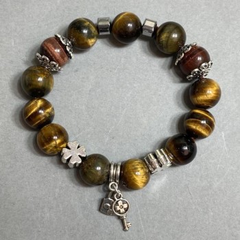 צמיד מעין הטייגר ועין השור, חרוז חלק בקוטר 12 מ״מ+- עם תוספות מתכתיות, אורך 18 ס״מ+- אלסטי