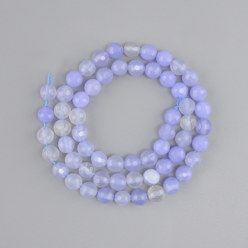 חרוזי אגט תכלת, כדור מגולף רב-פני, קוטר 6mm ±, אורך 37cm ± על חוט