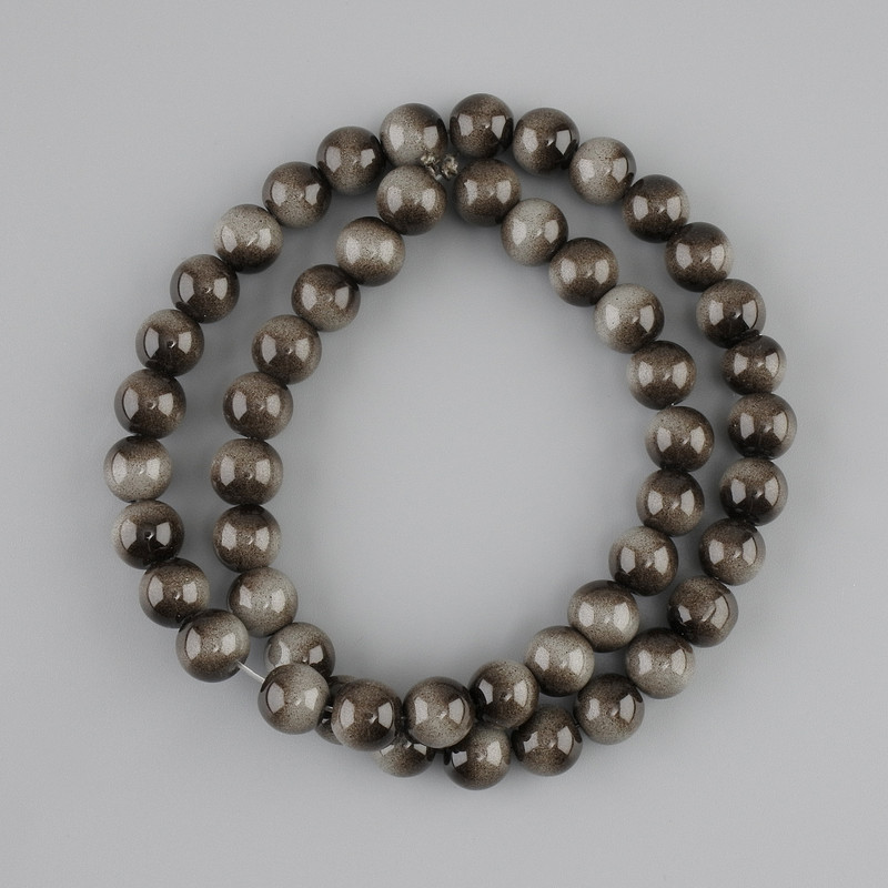 חרוזים עין הנמר אפור (מלאכותי) כדור חלק, קוטר 8mm ±, אורך 37cm ± על חוט