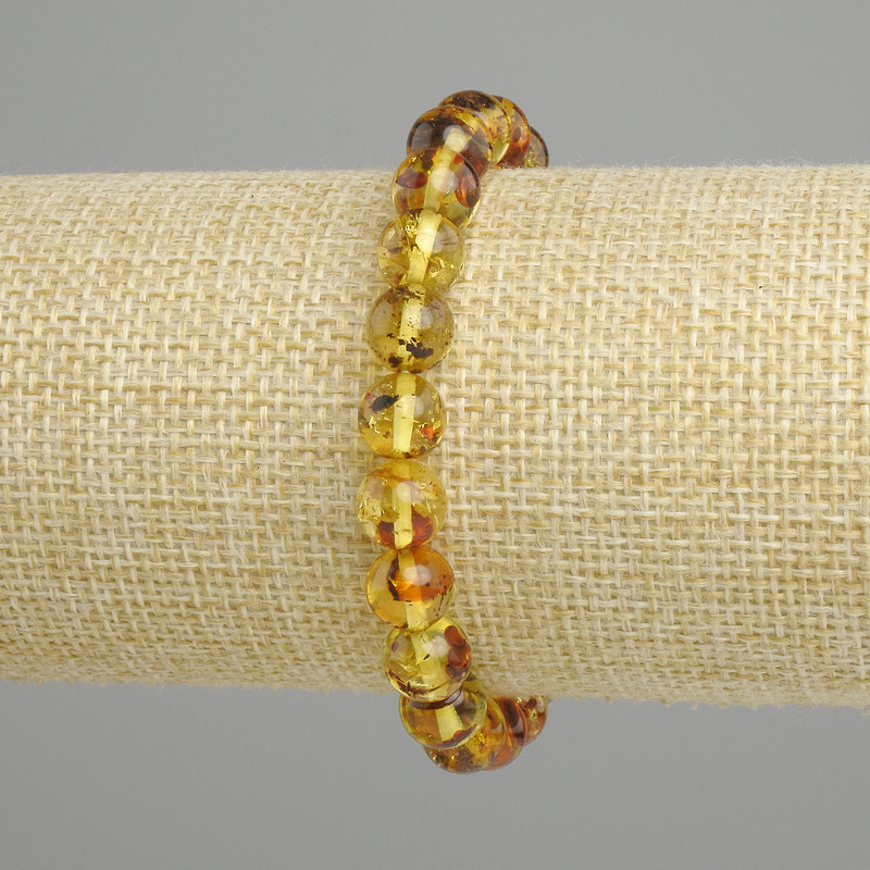 צמיד ענבר, חרוזים חלקים (כדור), קוטר 8mm ±, אורך 18cm, סטרץ'