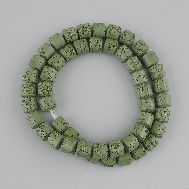 חרוזים מלבה וולקנית ירוקה, צילינדר, קוטר 8×8 mm ± על חוט, אורך 38 cm+