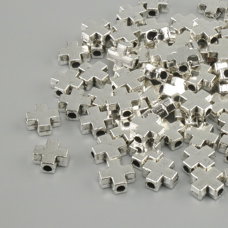 אביזר שיבוץ (חרוז) צלב, צבע מתכת כסף, 6×6 mm ±, חור 1.8 mm ±, אריזה 20 g (~68 יח')