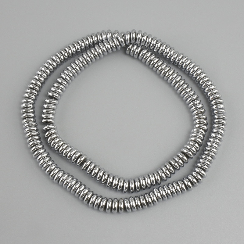 חרוזי המטיט רונדל, קוטר 6x2mm±, צבע כסף, אורך חוט 40cm+