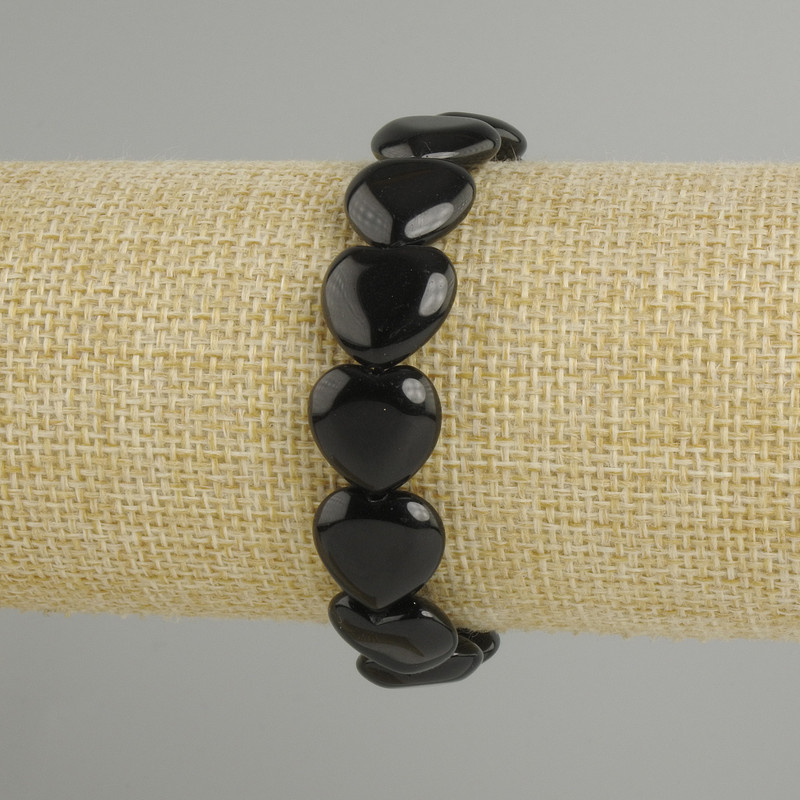 צמיד אגת שחור בצורת לב, קוטר 14mm+-, אורך 18cm+- סטרץ'