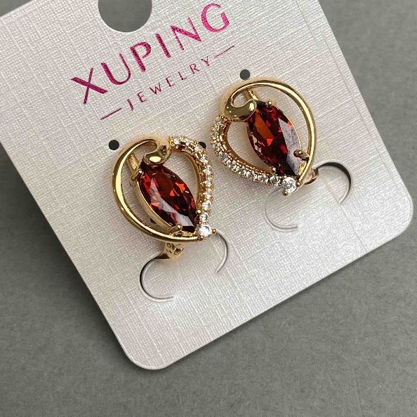 עגילי Xuping עם אבני חן לבנות ואדומות, קוטר 16x14 מ"מ+- ציפוי זהב 18K