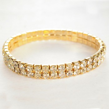 צמיד דו-שורה על גומי עם זירקונים לבנים, מתכת זהובה, היקף 17 ס״מ