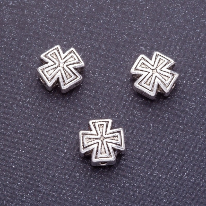 אביזרי תכשיטים שיבוץ חרוז בצורת צלב, אורך 10 mm, קוטר חור 1.5 mm, צבע כסף, אריזה 20 g ±10 יח'