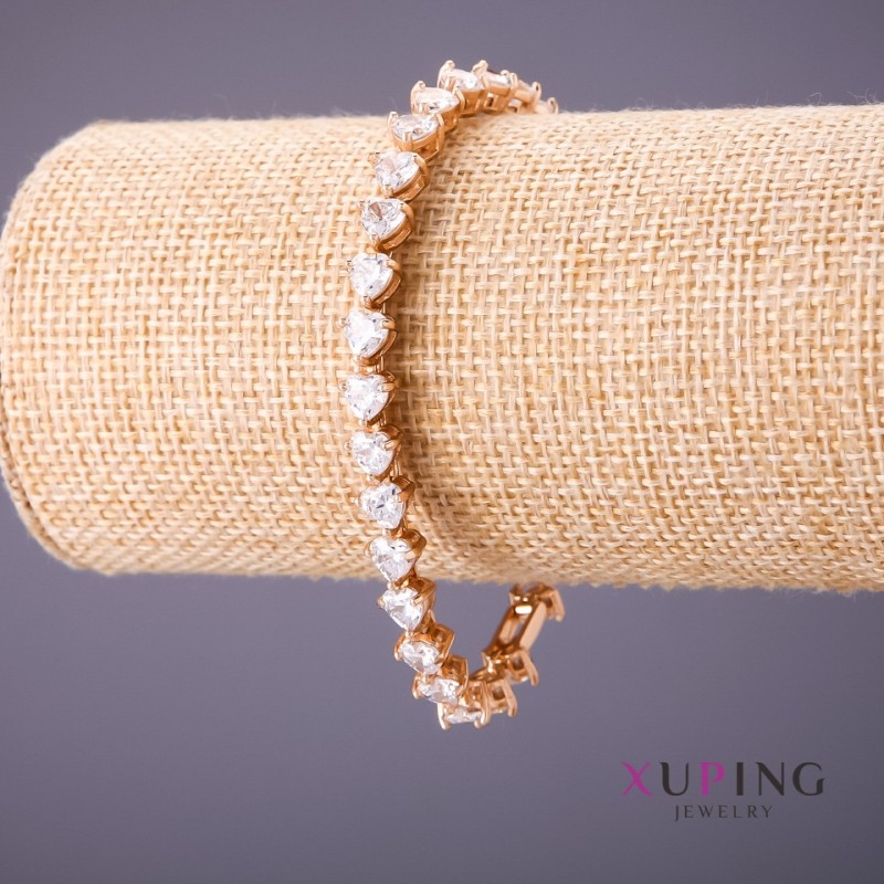 צמיד Xuping עם אבני לבן בצורת לבבות, אורך 18–20 ס״מ, עובי 6.5 מ״מ, צבע זהב