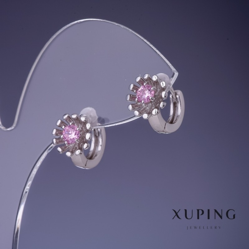 עגילי Xuping - פרח עם תוספות ורודות 11×10 מ״מ רודיום