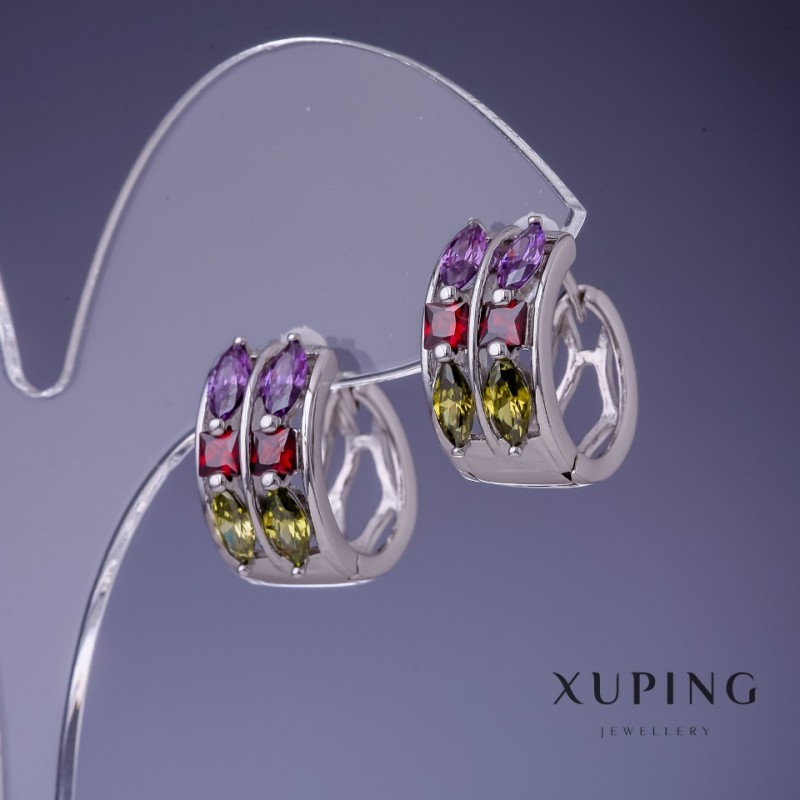 עגילי Xuping עם אבנים בצבעים שונים 9×17 מ״מ ציפוי רודיום