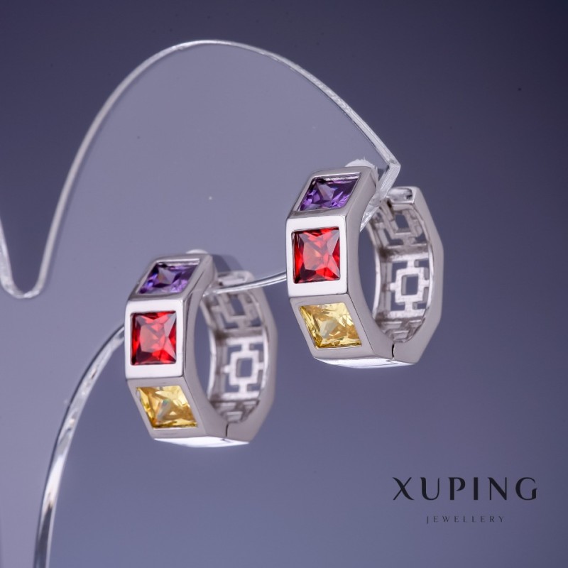 עגילי Xuping עם קריסטלים בצבעים שונים 18×7 מ״מ – רודיום