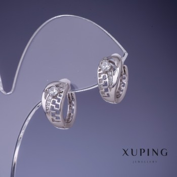 עגילים Xuping בעיצוב יווני, דגם 7×14 מ״מ, רודיום, עם אבני זירקונים לבנות