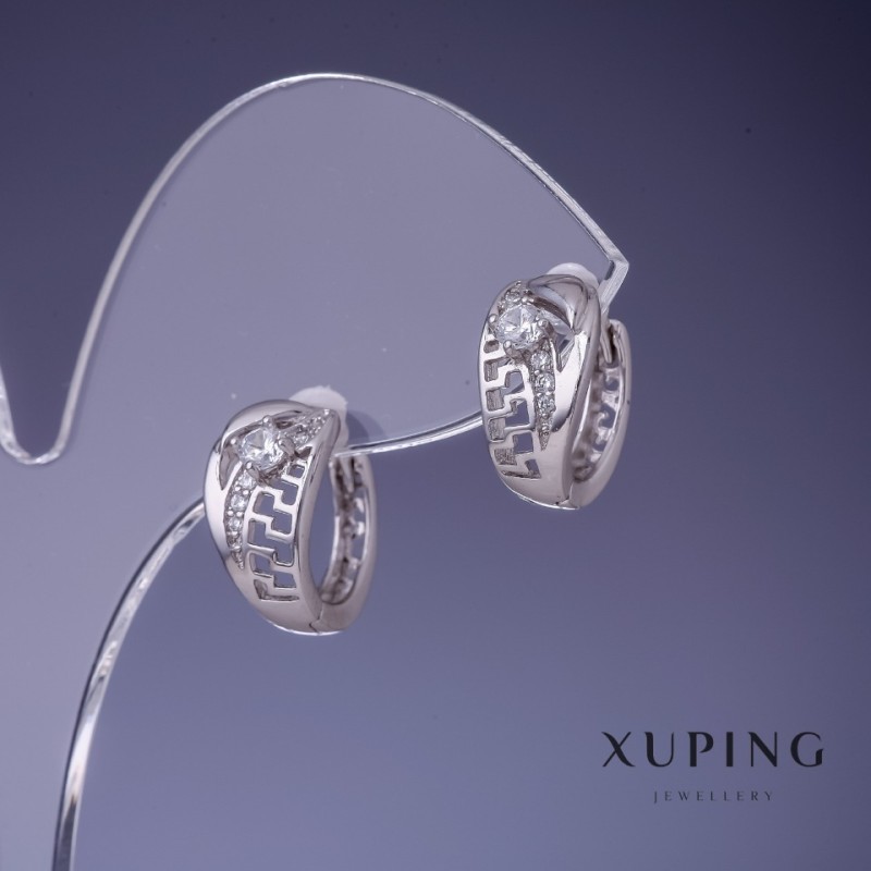 עגילים Xuping בעיצוב יווני, דגם 7×14 מ״מ, רודיום, עם אבני זירקונים לבנות