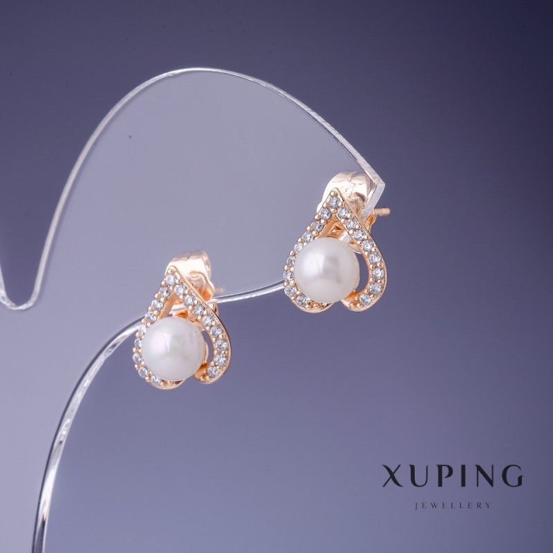 עגילים Xuping «לבבות» 12×12 מ״מ פנינה מאיורקה 6 מ״מ «ציפוי זהב 18K»