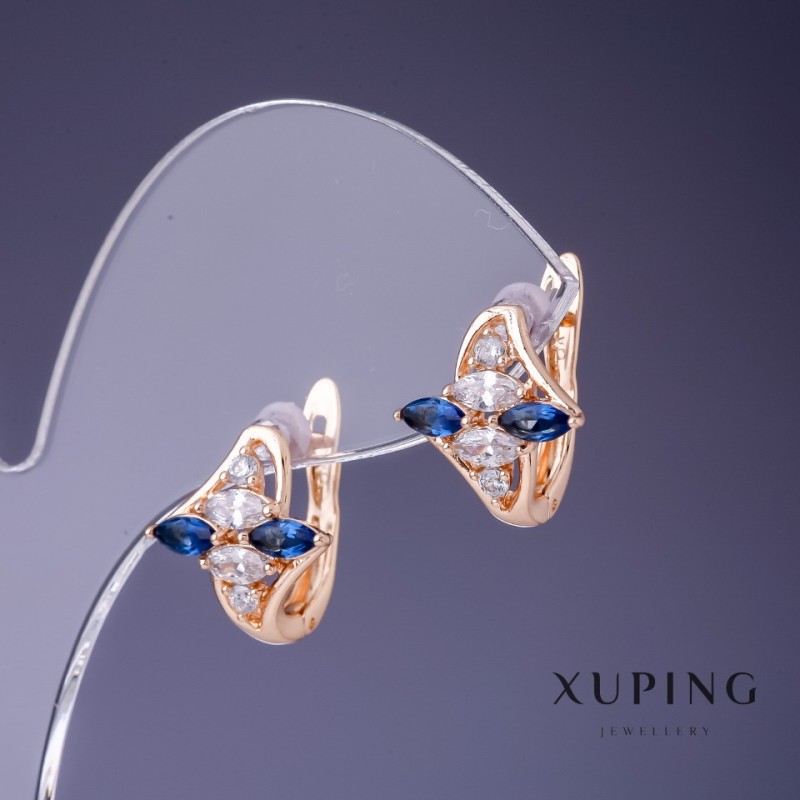 עגילים Xuping עם אבנים לבנות וכחולות בגודל 14×13 mm, ציפוי זהב 18K