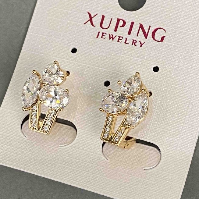 עגילי Xuping עם זירקונים לבנים 17×11 מ״מ — ציפוי זהב 18K