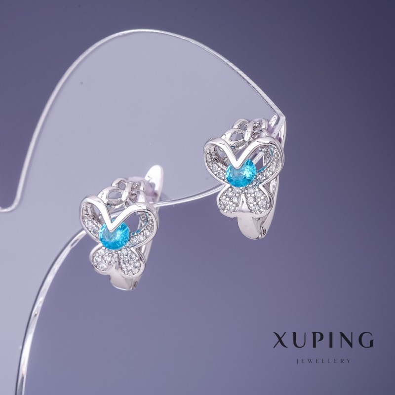 עגילים Xuping 14×11 מ״מ, מצופים רודיום עם גבישי טורקיז