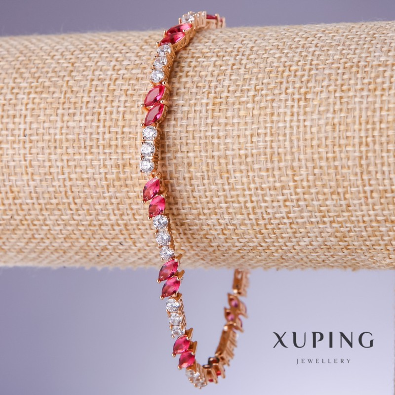 צמיד Xuping עם זירקונים אדומים «רובי», עובי 5 מ мм, אורך 18–21 ס״מ, זהב מצופה 18K