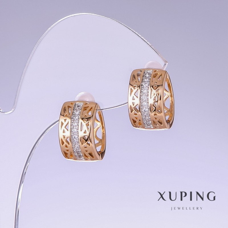 עגילי Xuping עם קריסטלים לבנים, אורך 15 מ״מ, עובי 8 מ״מ, ציפוי זהב 18K