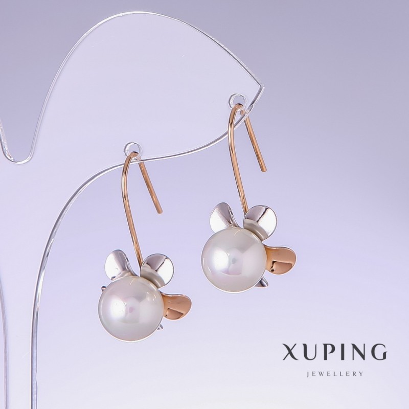 עגילים Xuping פרחים עם פנינים לבנות «מאיורקה», אורך 30 מ"מ, עובי 15 מ"מ מצופה בזהב 18K