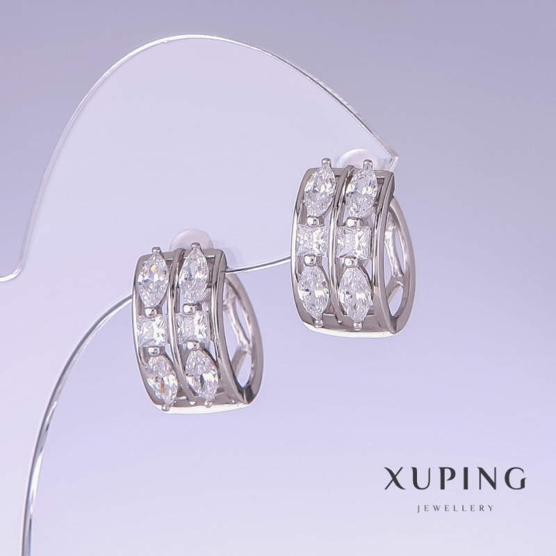 עגילי Xuping עם זרקונים לבנים, אורך 15 מ"מ, עובי 9 מ"מ, ציפוי רודיום