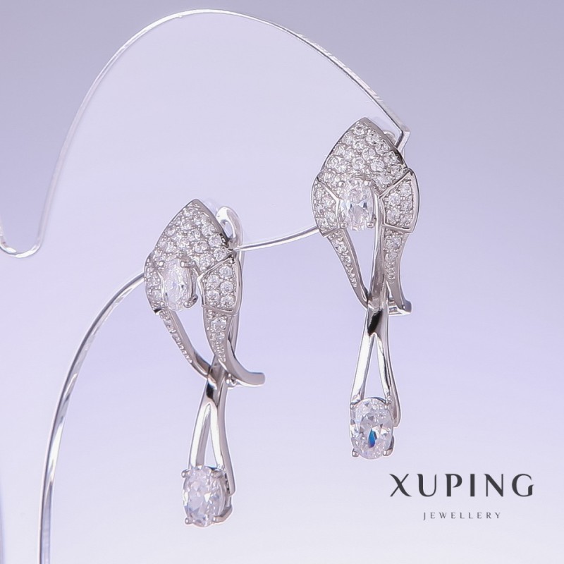 עגילים Xuping עם זרקונים לבנים, אורך 32 מ״מ, עובי 10 מ״מ, ורודיום