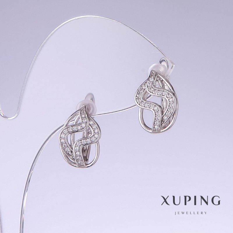עגילים Xuping עם אבני סטאז לבנות, אורך 15 מ״מ, עובי 10 מ״מ ורודיום