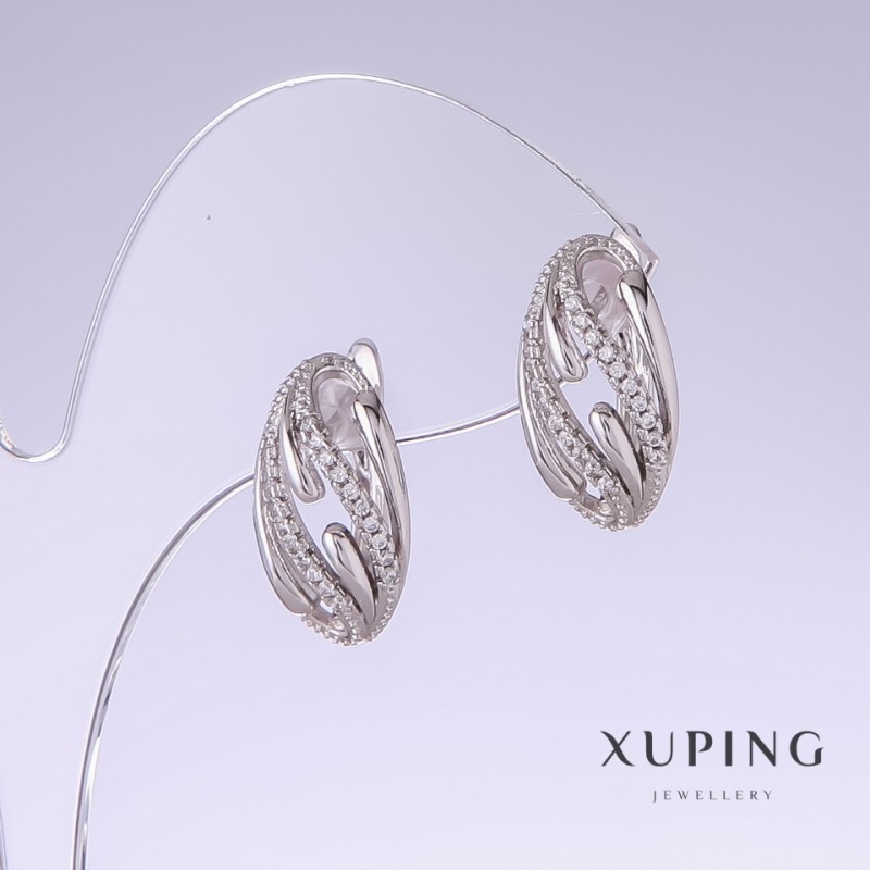 עגילים Xuping עם אבני pavé לבנות, אורך 18 מ״מ, עובי 9 מ״מ, ציפוי רודיום