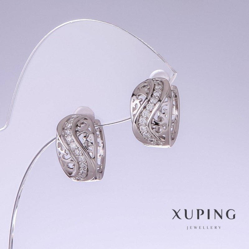 עגילי Xuping עם קריסטלים לבנים, אורך 15 מ״מ, עובי 10 מ״מ, ציפוי רודיום