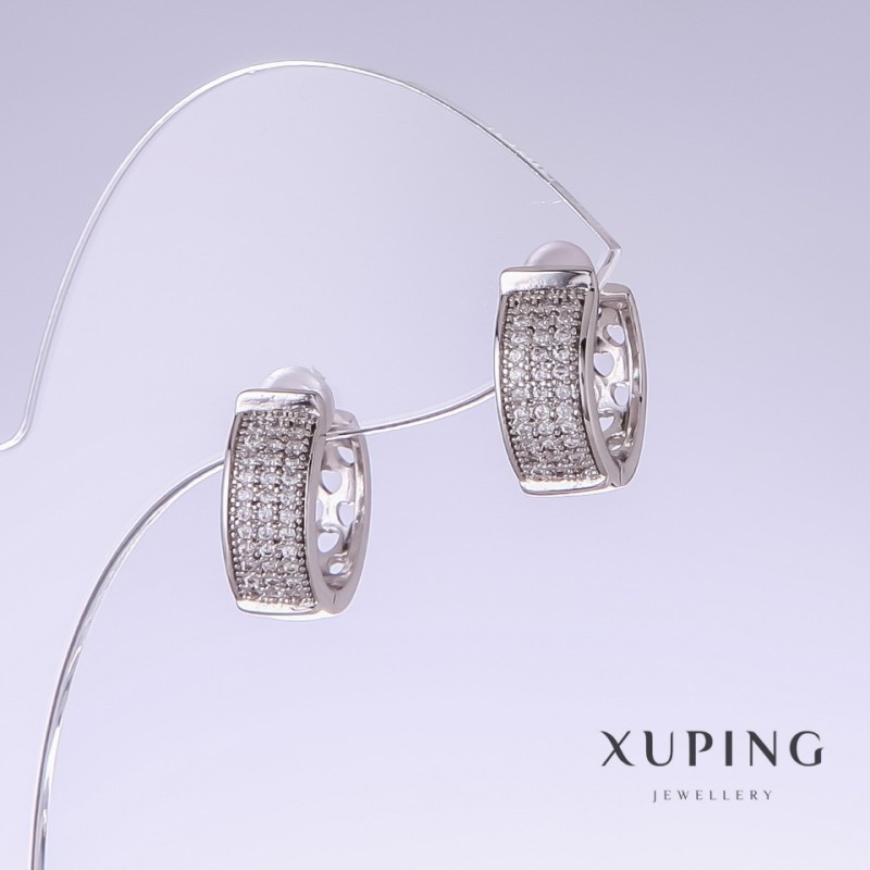 עגילי Xuping עם אבני זירקון לבנות, אורך 15 מ״מ ועובי 6 מ״מ, רודיום