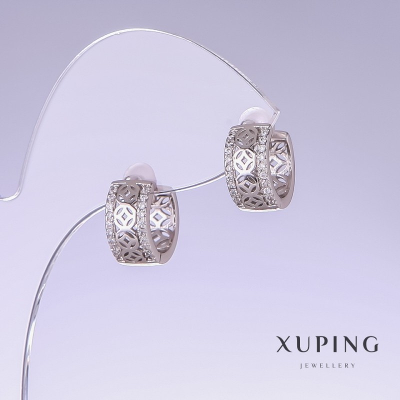 עגילים Xuping, אורך 13 מ״מ, עובי 6 מ״מ, מצופים רודיום עם גבישים לבנים