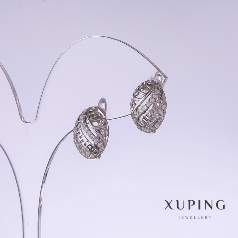 עגילים Xuping, אורך 17 מ"מ, עובי 9 מ"מ, ציפוי רודיום עם קריסטלים לבנים