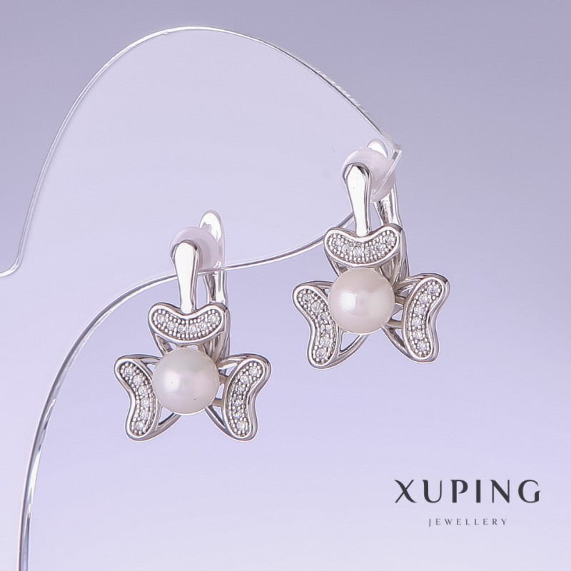עגילים Xuping עם פניני מיורקה, אורך 18 מ״מ, עובי 14 מ״מ, רודיום