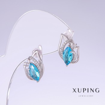 עגילי Xuping עם זירקונים כחולים וטופז, אורך 17 מ״מ, עובי 10 מ״מ, רודיום