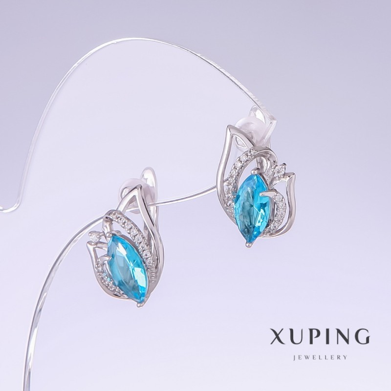 עגילי Xuping עם זירקונים כחולים וטופז, אורך 17 מ״מ, עובי 10 מ״מ, רודיום