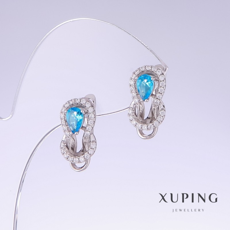 עגילי Xuping עם זירקונים כחולים וטופז, אורך 17 מ״מ, עובי 10 מ״מ, ורודיום