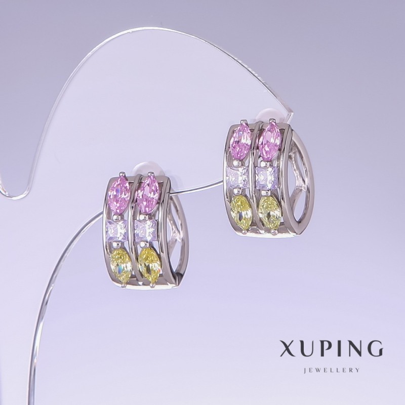 עגילי Xuping עם זירקונים בצבעים שונים, אורך 11 מ״מ, עובי 10 מ״מ, רודיום