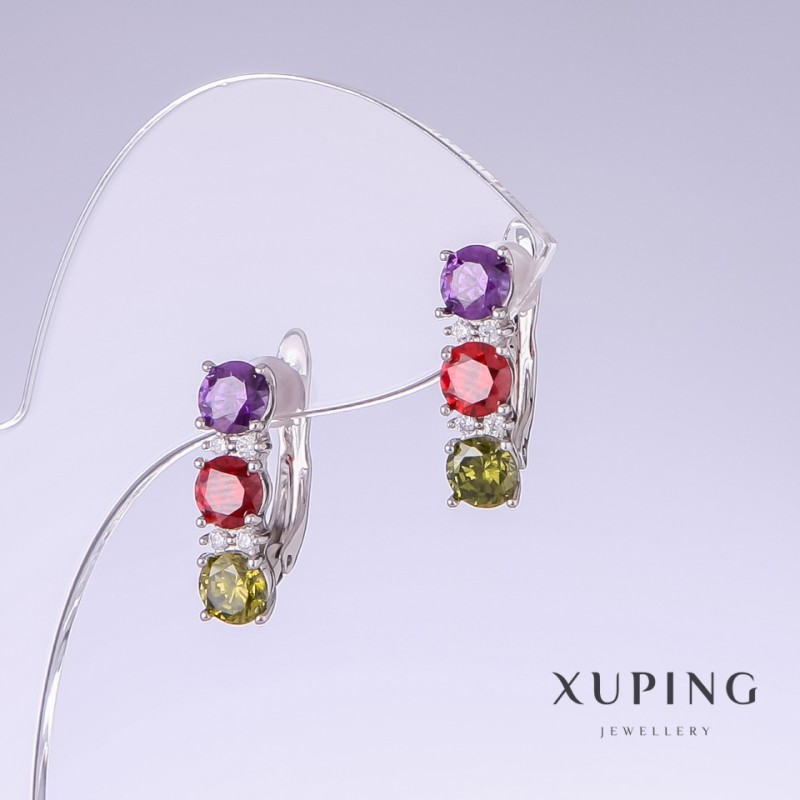 עגילים Xuping עם זירקונים בצבעים שונים, אורך 18 מ״מ, עובי 5 מ״מ, ציפוי רודיום